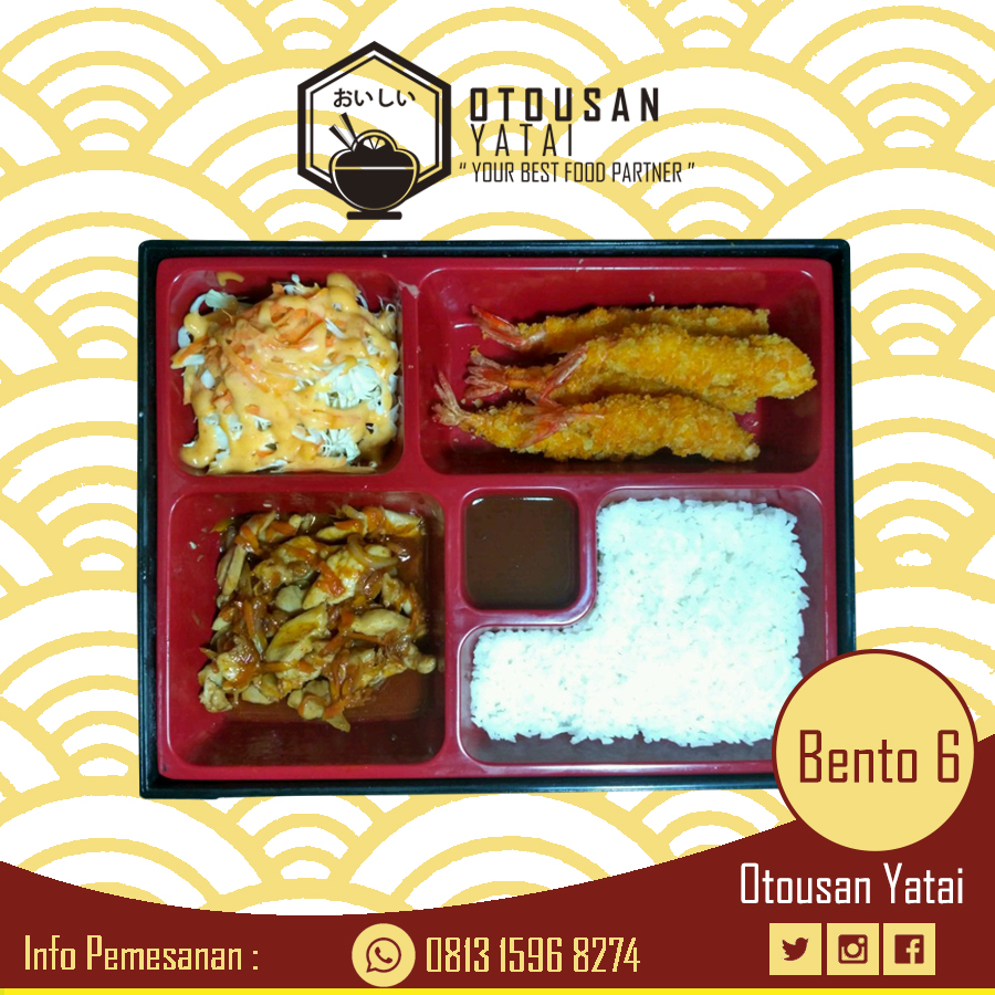 Layanan Delivery Online Makanan Paket Bento 6 Spicy Chicken, Ebi katsu, Salad, Rice